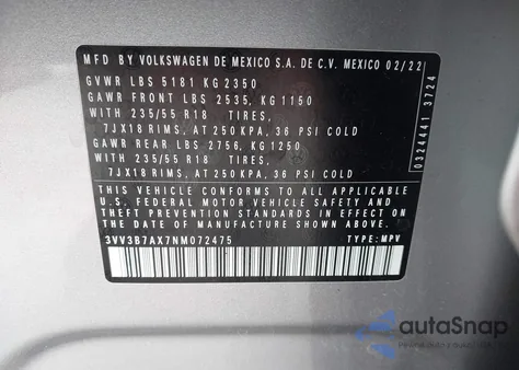 2022 Volkswagen Tiguan 2.0T Se z USA, uszkodzony, nr VIN 3VV3B7AX7NM072475